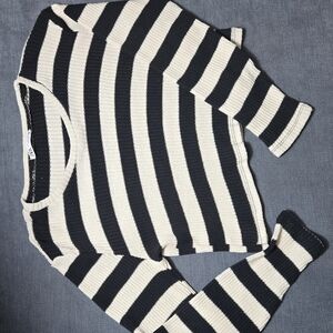 Zara Cropped Striped Black and Cream Sweater